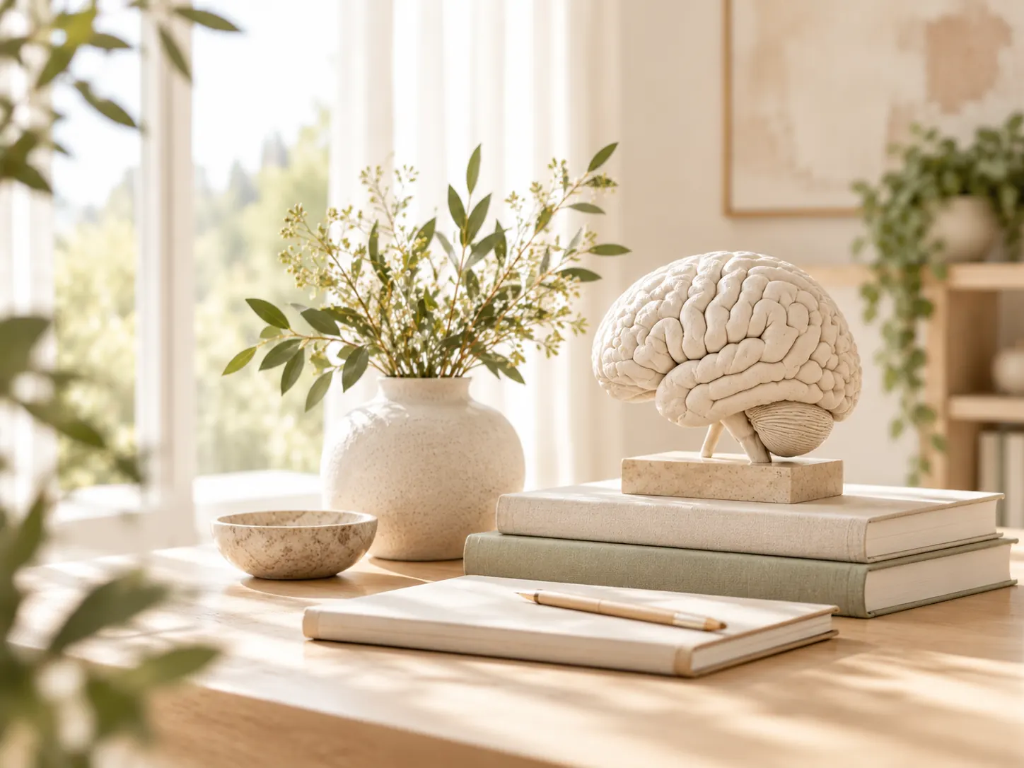 Modello di cervello su libri accanto a un vaso con rami d'ulivo