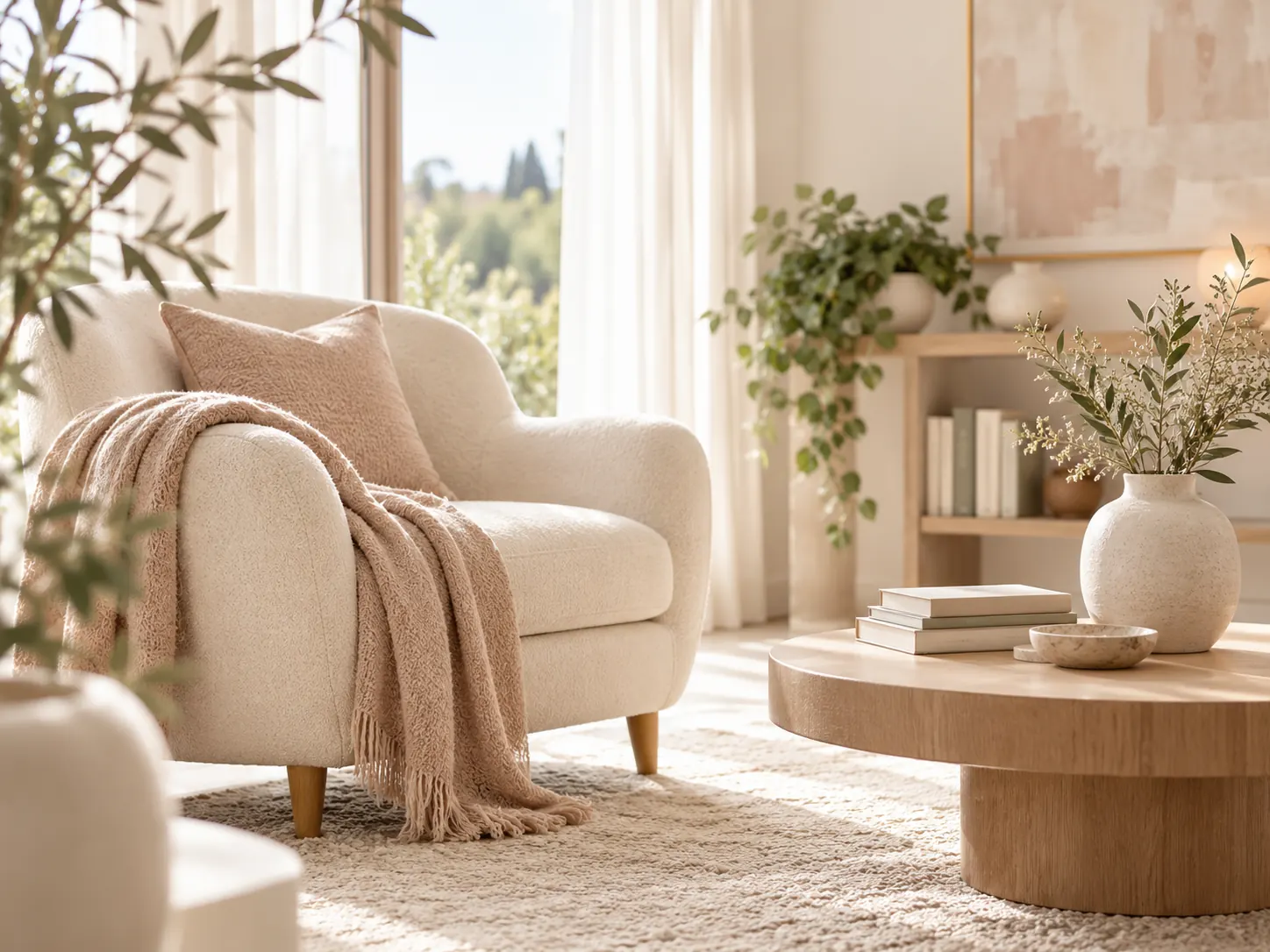 Angolo dello studio con poltrona, plaid rosa e tavolino in legno